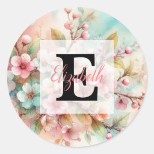 Adesivo Monograma de aquarela floral com flores de cerejei