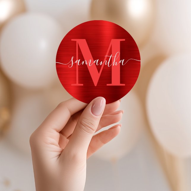 Adesivo Monograma de Assinatura em Folha Vermelha (Signature Monogram Red Foil Classic Round Sticker)
