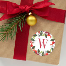 Monograma de Bagas de Verde Natal Vermelho Elegant