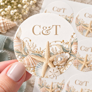 Adesivo Monograma de Casamento à Beira-Mar com Conchas e C