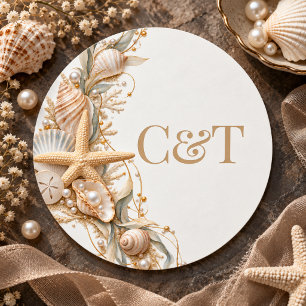 Adesivo Monograma de Casamento à Beira-Mar com Conchas e C