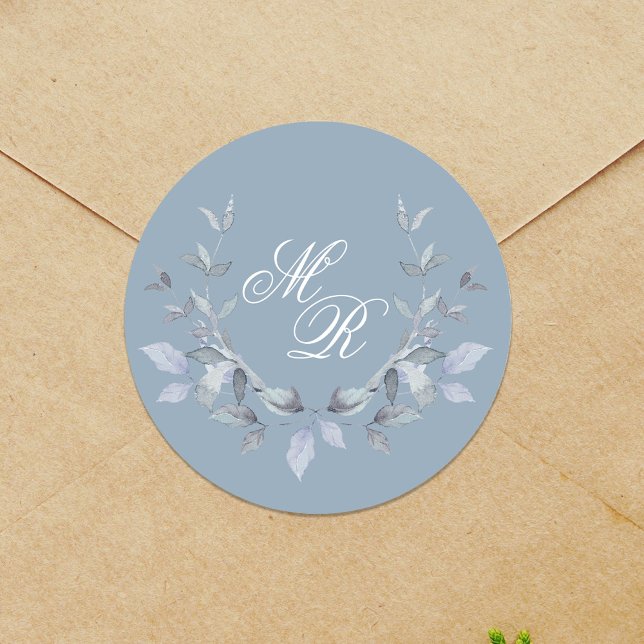 Adesivo Monograma de Casamento Azul Dusty (Wedding Dusty Blue Monogram Sticker Template.)