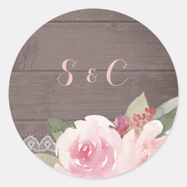 Adesivo Monograma de casamento com renda floral de aquarel (Frente)