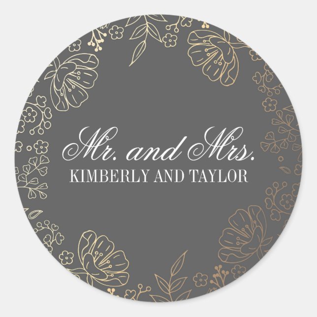 Adesivo Monograma de Casamento da Cinza Floral Dourada (Frente)