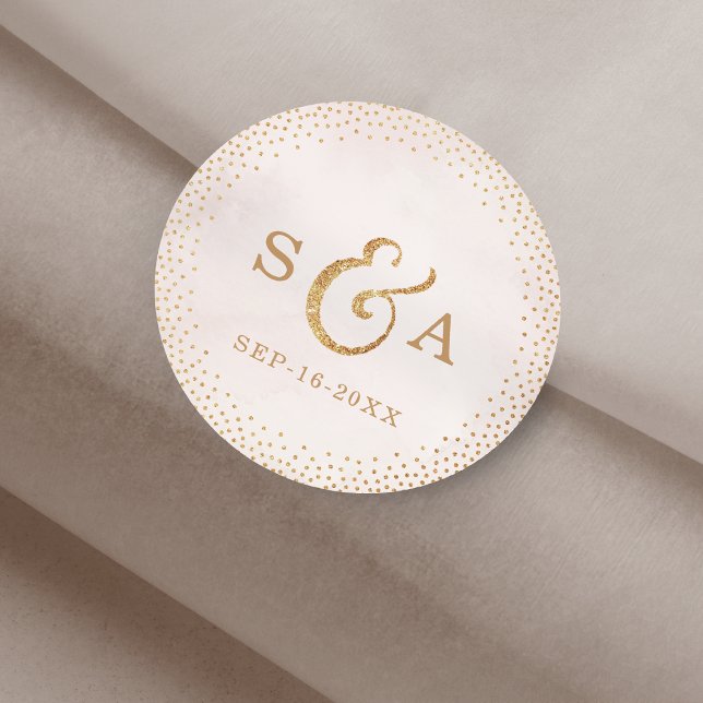 Adesivo Monograma de casamento de rosa de ouro com brilho  (Modern blush glitter rose gold wedding monogram classic round sticker)