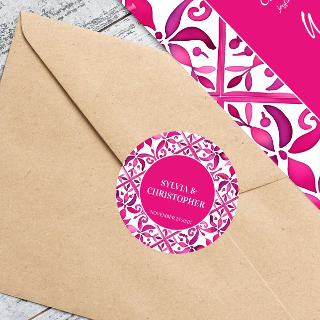 Adesivo Monograma de casamento de talavera, rosa, impresso (Pink Spanish talavera Mexican Hacienda wedding monogram printed bride and groom names  Sticker)