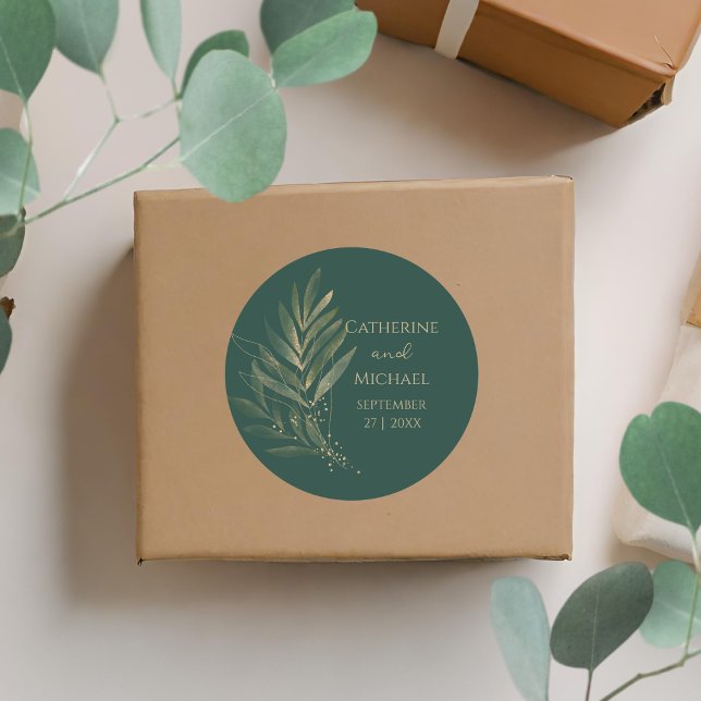 Adesivo Monograma de Casamento Dourado de Folha Verde Mode (Criador carregado)