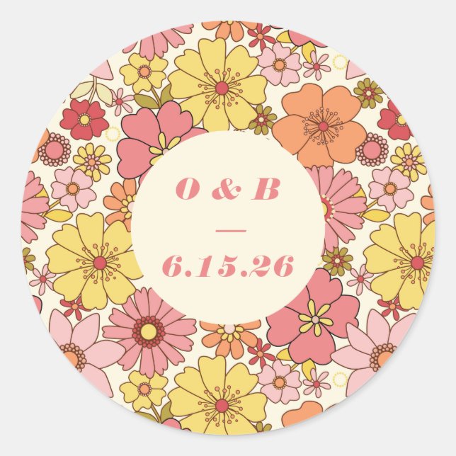 Adesivo Monograma de Casamento Floral Amarelo Retro Boho (Frente)