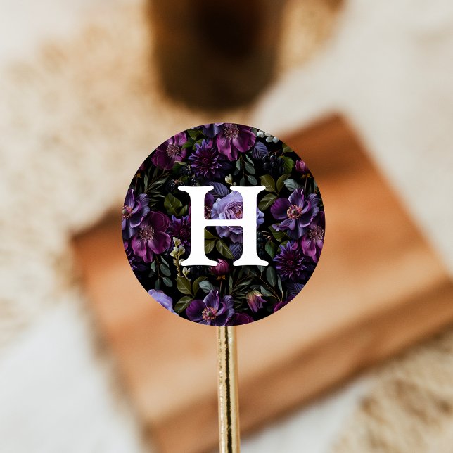 Adesivo Monograma de Casamento Floral com Púrpura e Moody (Criador carregado)