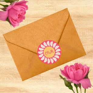 Adesivo Monograma de Casamento Floral Cor-de-Rosa e Laranj