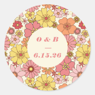 Adesivo Monograma de Casamento Floral Rosa Amarelo Boho Re