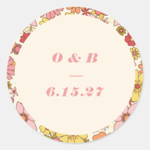 Adesivo Monograma de Casamento Floral Rosa Laranja Retro B
