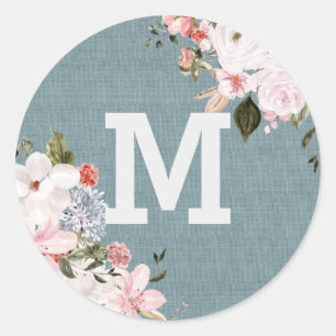 Adesivo Monograma de Casamento Floral Russo de Burlap Azul