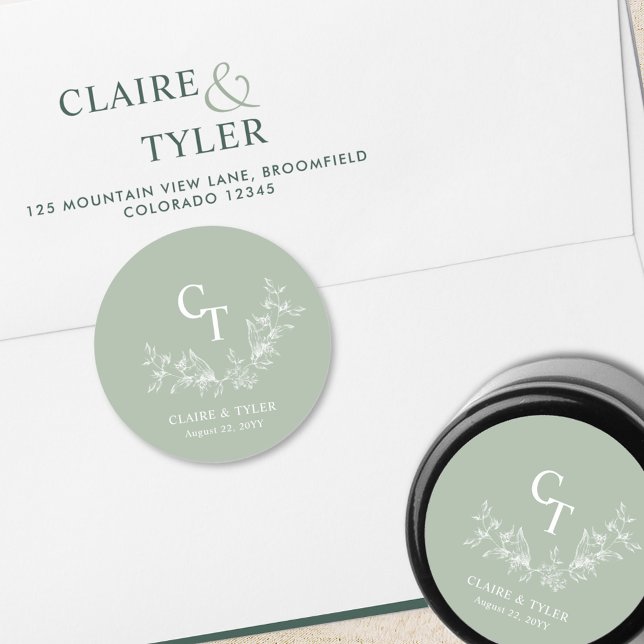 Adesivo Monograma de Casamento Verde Pálido Selo / Favor (Criador carregado)