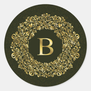 Adesivo Monograma de damasco verde dourado elegante inicia