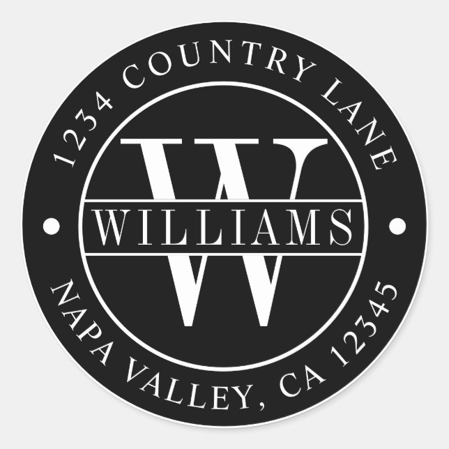 Adesivo Monograma de Endereço de Devolução Elegante Preto (Frente)