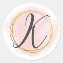Adesivo Monograma de Letra K Rosa Bege Aquarela Dourado Ch