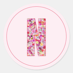 Adesivo Monograma de Letra N Floral Rosa Elegante Moderno