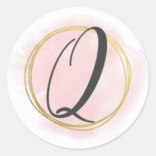 Adesivo Monograma de Letra Q Rosa Bege Watercolor Dourado