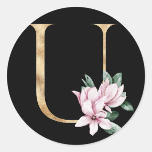 Adesivo Monograma de magnólia floral em letra dourada U