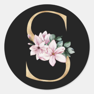 Adesivo Monograma de magnólia floral em letra S dourada