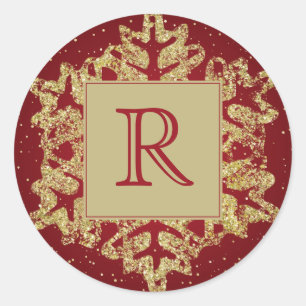 Adesivo Monograma de Natal Floco de Neve Vermelho Dourado