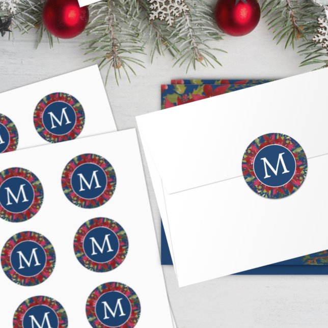 Adesivo Monograma de Natal Poinsettia Botânica Elegante (Criador carregado)