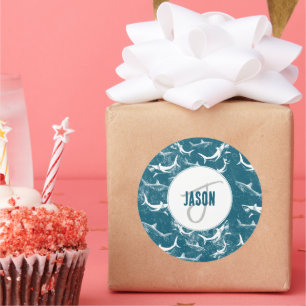 Adesivo Monograma de padrão de tubarão azul escamoteado