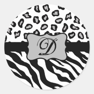 Adesivo Monograma de Pele-Leopardo-da-Zebra-Branca-Preta