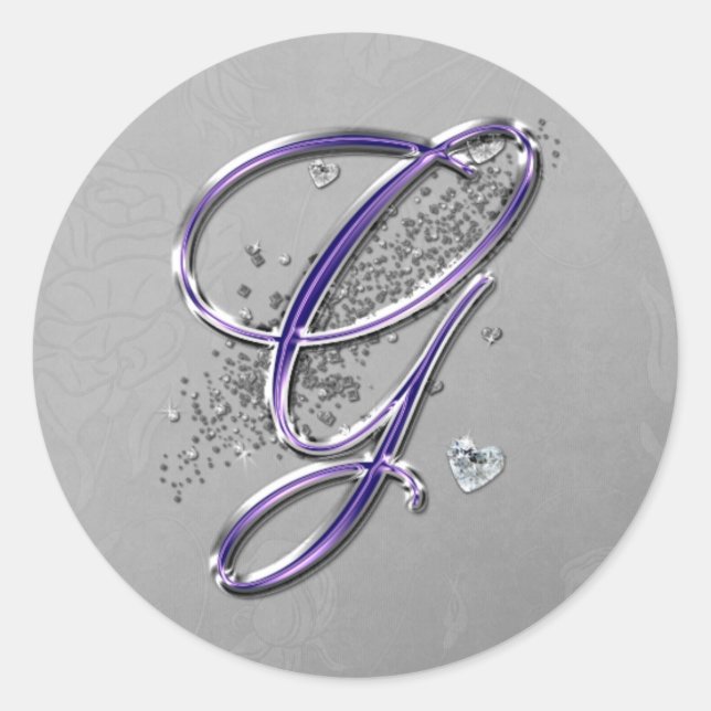 Adesivo Monograma de Script Glitter Roxo e Rico Prateado G (Frente)