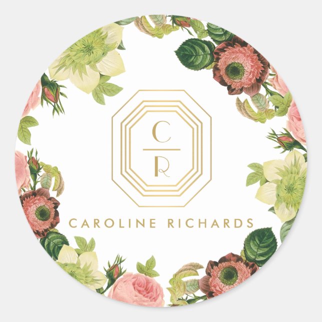 Adesivo Monograma Dourado de Deco de Arte com Florais Vint (Frente)