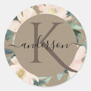 Adesivo MONOGRAMA EM Aquarela FLORAL KRAFT Dourado ROSADO 