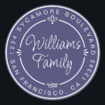 Adesivo Monograma Família Chic Endereço de Retorno Azul Ma<br><div class="desc">Adesivo chic, moderno e simples de endereço de devolução de casamento caseiro com o nome da sua família e endereço em elegante caligrafia de letra manuscrita branca e tipografia estilosa em um fundo azul-marinho, decorado com louros e outros detalhes decorativos rústicos. Basta adicionar seu nome monograma e endereço Exclusivamente projetado...</div>