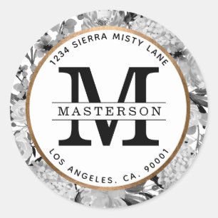 Adesivo Monograma floral da aguarela preto e branco