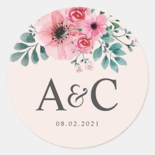 Adesivo Monograma Floral de Casamento Rosa e Verde
