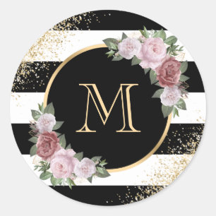 Adesivo Monograma Floral Rosa Bege Personalizado Preto Bra