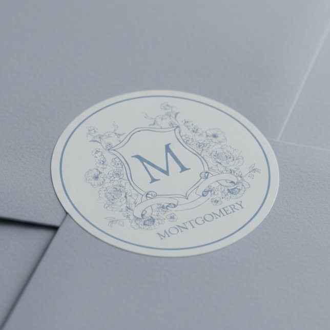 Adesivo Monograma Floral Vintage (elegant floral monogram envelope seal sticker with custom name in vintage french provincial style)