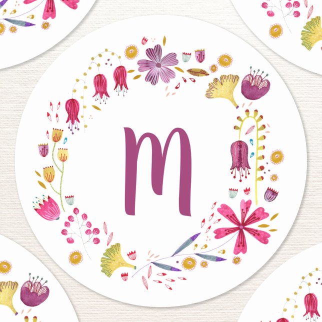Adesivo Monograma Floral Watercolor (Personalized monogram initials watercolor wildflower wreath sticker)