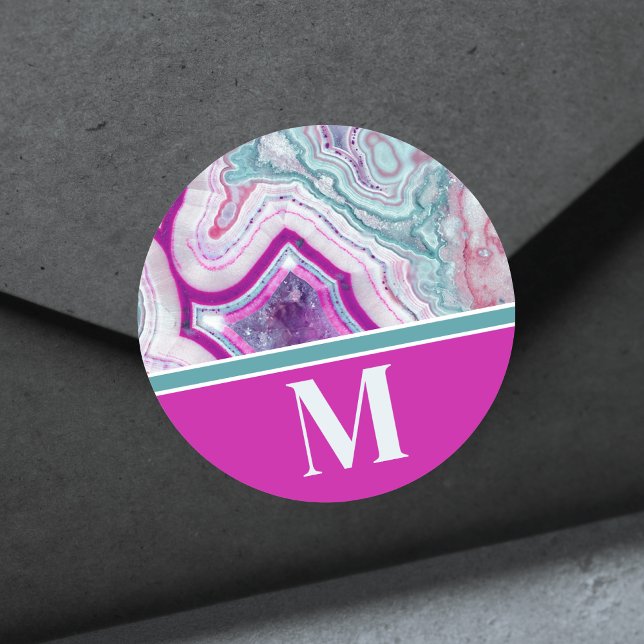 Adesivo Monograma Inicial Moderno Chic e Elegante (Chic Modern Teal Pink Agate Stone Initial Monogram Classic Round Sticker)