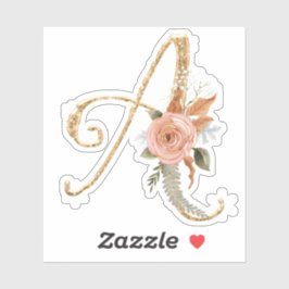 Adesivo Monograma Inicial Uma Dourada Glitter Peony Rosa F