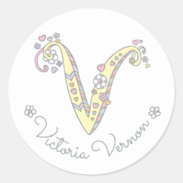 Adesivo Monograma inicial V ID de nome personalizado etiqu