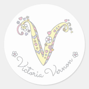 Adesivo Monograma inicial V ID de nome personalizado etiqu