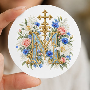 Adesivo Monograma Mariano Católico Floral Azul