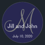 Adesivo Monograma Noivo Data Casamento Favor Vinheta<br><div class="desc">Monograma marinho Azul,  Branco e Cinza,  Noiva e noiva,  Data Casamento Favor Sticker por Elke Clarke ©.</div>