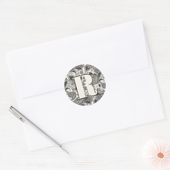Adesivo Monograma paisley preto e branco (Envelope)