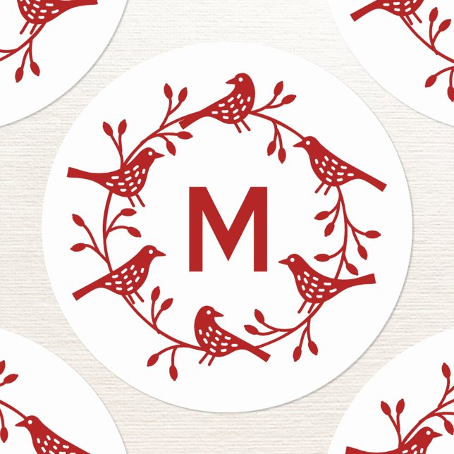 Adesivo Monograma, Pássaro Inicial Escandinavo (Monogram initial Scandinavian bird wreath personalized stickers)