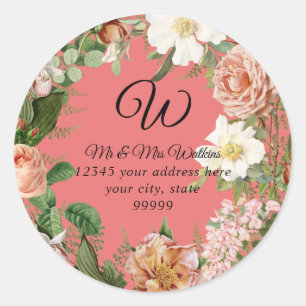 Adesivo Monograma Return Address Coral Ivory Peony Floral