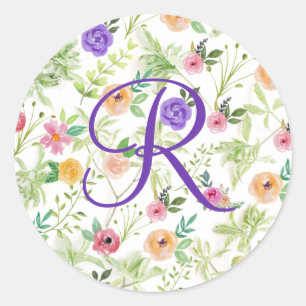 Adesivo Monograma Rosa Roxo de Pêssego Floral Aquarela