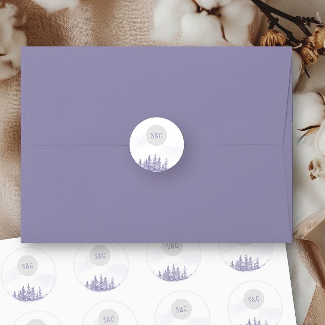 Adesivo Monograma Simples de Casamento Florestal de invern (Monogrammed envelope seals from my Winter Forest Lavender Wedding Collection)