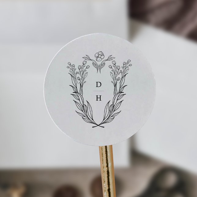 Adesivo Monograma Simples de Casamento vintage Branco Pret (DAPHNE Simple Black White Vintage Wedding Monogram Classic Round Sticker)